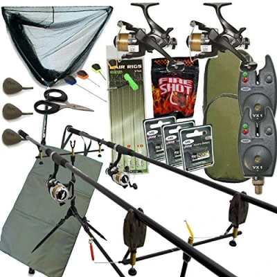 Image of Full Carp fishing Set Up Complete With 2x Rods Reels Alarms Landing Net &amp; Tackle