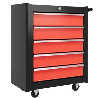 Image of HOMCOM Steel 5 Drawer Tool Storage Cabinet Lockable with Wheels Handle 2 Keys Garage Equipment Trolley Home Work DIY Workshop Chest Red