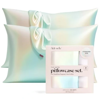 Image of Kitsch 100% Satin Pillowcase with Zipper, Softer Than Silk for Hair &amp; Skin, Cooling Pillow case, Case Cover (Standard/Queen (2 Pack), Aura)