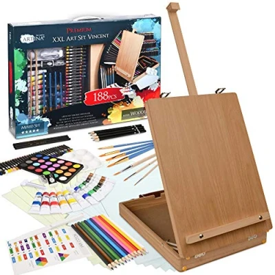 Image of Artina 188pcs Painting Set Vincent with Table Easel XXL Box Acrylic Paints Oil Pastels Watercolours Paint Brushes Deluxe Art Desktop for Beginners &amp; Hobby Artists