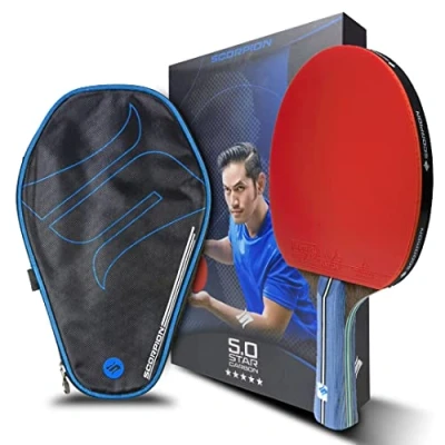 Image of Scorpion Table Tennis Bat, Professional Ping Pong Racket, ITTF Approved Rubber, Stylish Case, 5 Star Carbon, Black/Red, 7 ply Real Wood, 2.15 mm Sponge