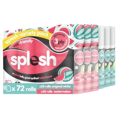 Image of Splesh by Cusheen 3 ply Toilet Roll Soft, Quilted Bulk Rolls, Eco Friendly Tissue Loo Made in UK 72 Rolls (White 36s) &amp; (Watermelon