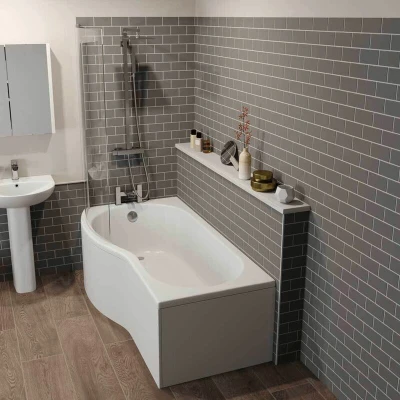 Image of Bathroom Suite P Shaped 1700mm Left Hand Shower Bath Glass Screen Front Panel