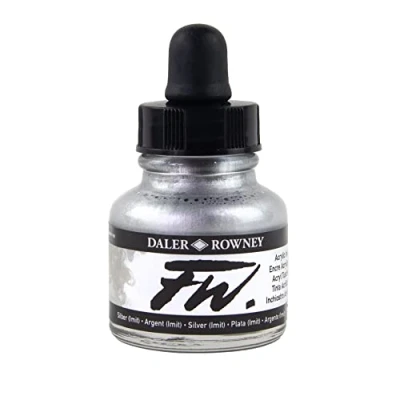 Image of Daler Rowney FW Acrylic Ink, Glass Bottle with Dropper, 1oz 29.5 ml, Silver Imitation