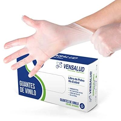 Image of VENSALUD Disposable VINYL Gloves Powder Free Resistant For Laboratories, Sanitary, Kitchen, Tattoo Studios, Veterinary, Cleaning Latex 100 pcs. Semi White Size L