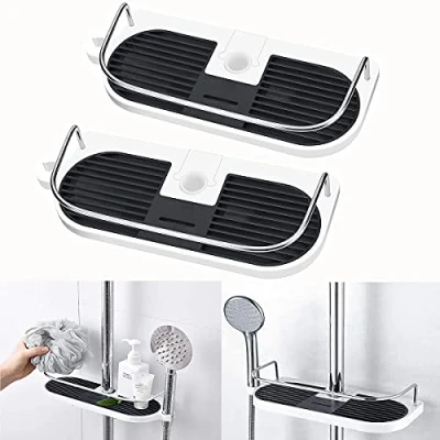 Image of 2Packs No Drilling Shower Shelf Caddy, for Pole Caddy with Hooks, Fit 18mm 25mm Round Rail Bathroom Rack Organizer Holder Soap Shampoo Conditioner