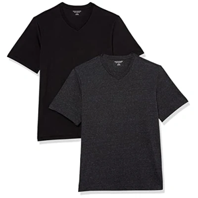 Image of Amazon Essentials Men&#039;s Regular Fit Short Sleeved V Neck T Shirt (Available in Big and Tall), Pack of 2, Black/Charcoal Heather, XS