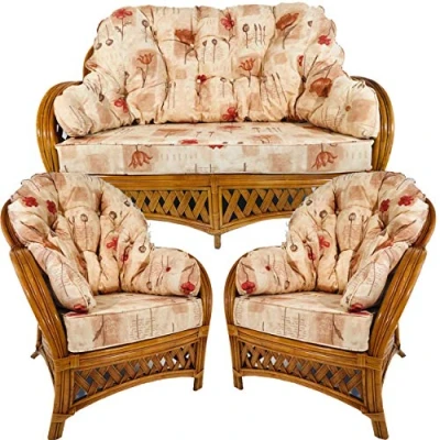 Image of Hartfords Relpacement cushions for a Wrap round Suite of Conservatory Cane Furniture (CUSHIONS ONLY) (3 Piece Suite, Poppies Peach)