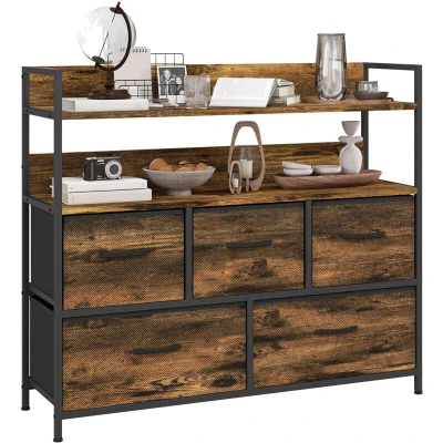 Image of HOMCOM Bedroom Chest of Drawers, Fabric Dresser with 5 Storage Organiser Unit Open Shelves and Metal Frame for Living Room, Entryway, Rustic Brown
