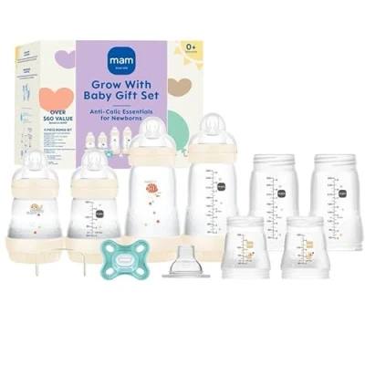 Image of MAM Baby Gift Set, Best Pacifier &amp; Bottle for Breastfed Babies, Grow with Baby&#039; Unisex, 19Count, White, 5 oz. 9 Bottles