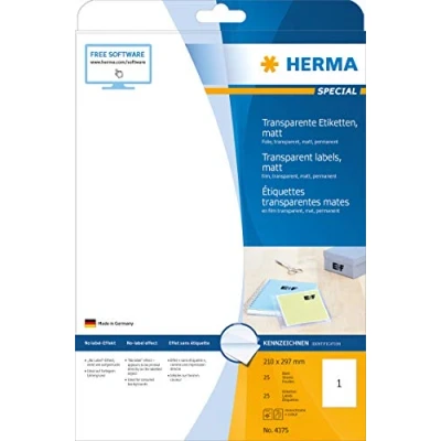Image of HERMA Self Adhesive Clear Film Labels, 1 Label per A4 Sheet, 25 Sheets, 210 x 297 mm, Blank Weatherproof Labels Stickers, Sticky for Laser &amp; Inkjet Printer, Transparent