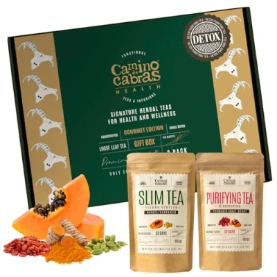 Image of SLIM TEA + Detox Gift Box Bloating Relief, Cleanse, Antioxidant, Green Tea, Mate, Ginger, Nettle, Dandelion, Turmeric, Goji Berries, Papaya, Cardamom, All Natural Herbal 2 PACK x 100g