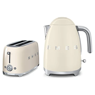 Image of Smeg TSF02CRUK KLF01CRUK 50s Retro Style 4 Slice Toaster &amp; Kettle Set in Cream