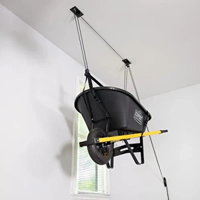 Image of StoreYourBoard Wheelbarrow Garage Ceiling Storage Pulley System, Overhead Tool Lift, Heavy Duty Holds 150 lbs