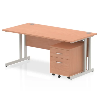 Image of Impulse 1600x800mm Desk Beech Top Silver Cantilever Leg+ Mobile Ped