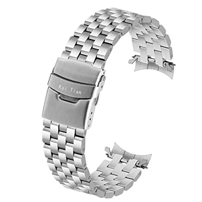 Image of Kai Tian 22mm Curved Ends Watch Band Strap Stainless Steel Bands for Men Women with Deployment Clasp Bracelets Silver