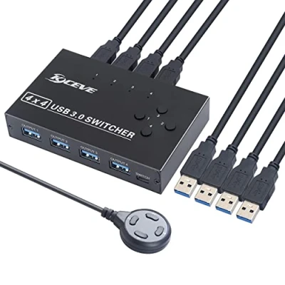 Image of KCEVE USB 3.0 Switch, Switch Selector 4 Computer Sharing Devices KVM Switcher Box for Share Printer, Scanner, Mouse, Keyboard, Compatible with Mac/Windows/Linux, Pack Cables