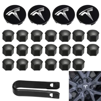 Image of Aero Wheel Cap Kit,Wheel Lug Nut Covers Model 3 kit with Tesla Logo Hub Center Cover Caps For Y (Black)