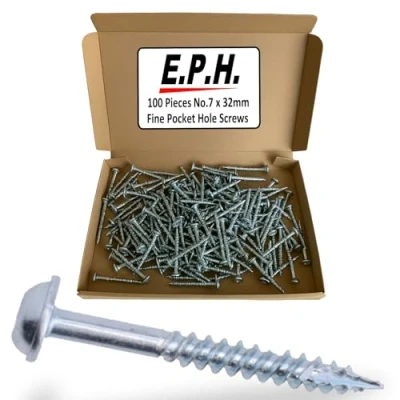 Image of EPH Pocket Hole Screws for Hardwoods, 32mm Long, Pack of 100, Fine Self Cutting Screw with Robinson 2 Square Drive, EPHS732100F, Silver