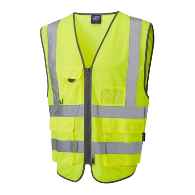 Image of Leo Workwear Barnstaple Hi Vis Knitted Polyester Zip Front Superior Waistcoat, X Large, Yellow