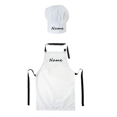 Image of Personalised Set Chef Hat and Apron For children with your name Professional Cooks Hats Baker Home Kitchen School Fully Adjustable White [099]