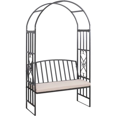Image of Outsunny Garden Arbor Arch with Bench Metal Padded Seat Outdoor Decoration Patio
