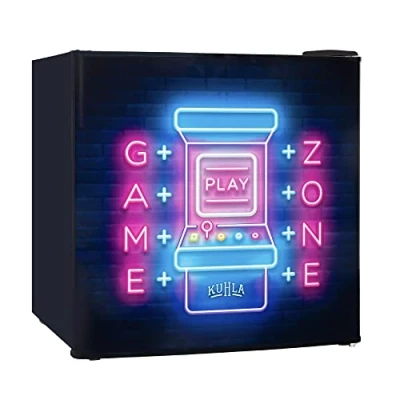 Image of Kuhla 45L Mini Fridge with Ice Box, Novelty Design, Inc Adjustable Thermostat, Door Racks and Removable Shelf, Small Drinks Ideal for Home Office Game Zone, Black KTTF4BGB 1019 E