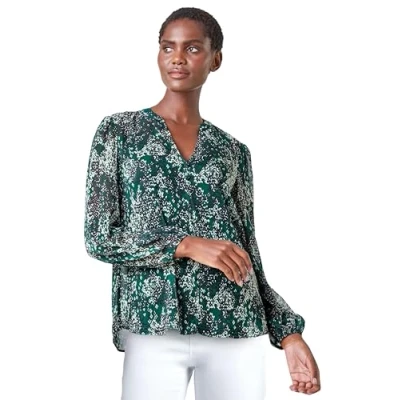 Image of Roman Originals Animal Print Button Front Blouse for Women UK Ladies Everyday Autumn Winter Notch Neckline Comfy Soft Evening Vacation Work Party Night Out Green Size 12