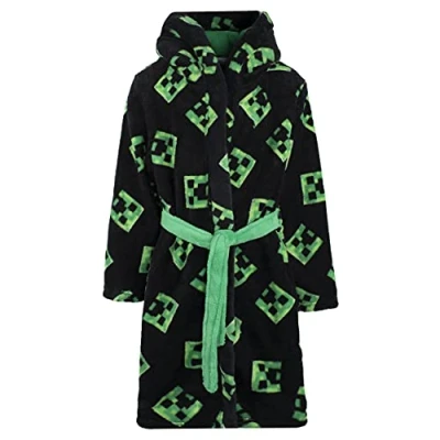Image of Minecraft Dressing Gown Kids Fleece Hooded with Creeper Design Official Merchandise Boys Gowns for Boys&#039; Sleepwear &amp; Robes Age 7 8 Years, Black
