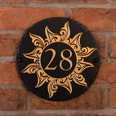 Image of Rustic Slate Round House Number With Hand Painted Sun (1) Image