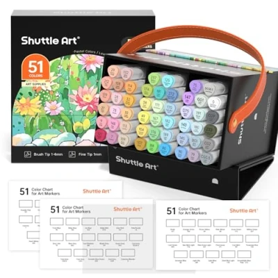 Image of Shuttle Art Pastel Alcohol Markers Brush tip, Dual Tip &amp; Fine Marker Set, 50 Colors plus 1 Blender Pens with Case Perfect for Illustration Kids Students Adults Coloring Sketching