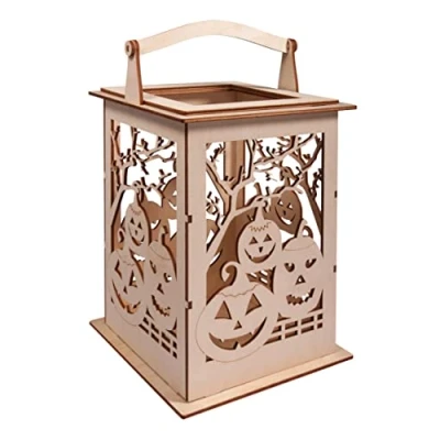 Image of Rayher Wooden Lantern Building Kit with Halloween Pumpkin Design, DIY Wood Craft Set 15 slot together Pieces, natural wood, 15.3x15.3x26.5cm, 62893505