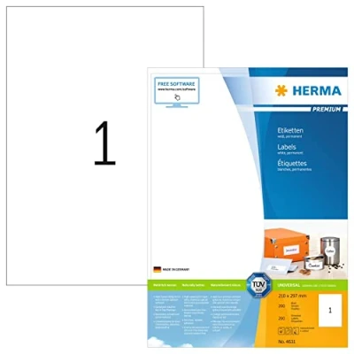 Image of HERMA Self Adhesive Multipurpose Labels, 1 Label per A4 Sheet, 200 Sheets, 210 x 297 mm, Blank Universal Labels Stickers, Sticky for Laser &amp; Inkjet Printer, White