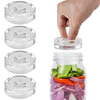 Image of Set of 4 Pack Glass Fermentation Weights with Easy Grip Handles for Sauerkraut Kimchi Pickles Preservation Canning Wide Mouth Mason Jars