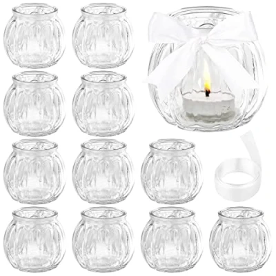 Image of Belle Vous 12 Pack Clear Glass Tealight Candle Holder with White Ribbon Votive Tea Light Holders Set Ideal for Weddings, Parties, Home Decor, Table Centrepieces &amp; Gifts
