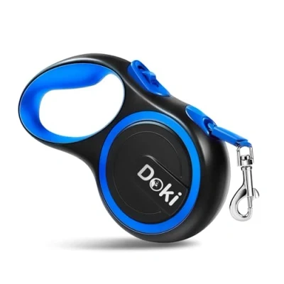 Image of DOKI Retractable Dog Lead, 5m/16FT Reflective Strong Nylon Tape Ribbon Leash, One Button Brake&amp;Lock Extendable Lead for Small Medium Dogs (Blue)
