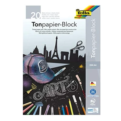 Image of folia 197 Coloured Paper Pad, Black Drawing Paper, DIN A4, 20 Sheets 130 g/m², Pad with Top Image, Ideal for Light Colours Such as Chalk, Soapstone