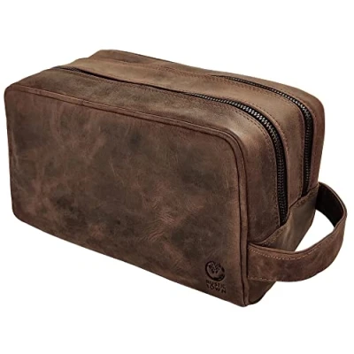 Image of Full Grain Leather Handmade Travel Toiletry Bag Wash Bag, Shaving Kit &amp; Make Up Gift for Men Women by Rustic Town