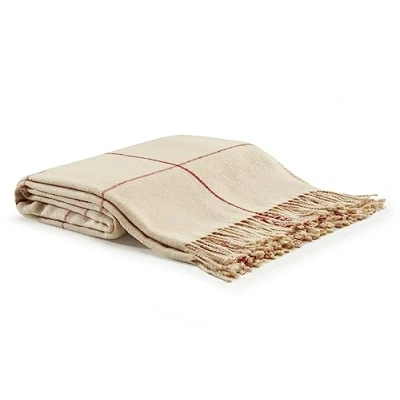 Image of Arus Acrylic Highlands Collection Queen Size Tartan Plaid Design Throw Blanket Cream Red, 60x80 inches