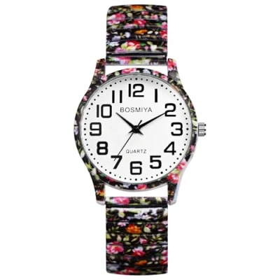 Image of JewelryWe Elastic Watches for Women: Easy Read Analog Quartz Stretch Band Watch Floral Expansion Wristwatch