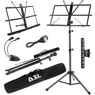 Image of DSL Music Book Stand Stands for Sheet with Lights &amp; Carrying Bag Metal Sturdy, Portable, Foldable, Heights Adjustable, Black