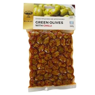 Image of Blikas Greek Green Olives Marinated with Chili, Pack of 2 x 250 g (Total: 500g)