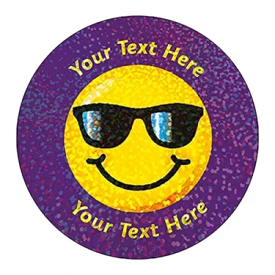 Image of 140 Personalised Holographic Sparkly Smiley Face Sunglasses Motivational School Praise Teachers Reward Stickers 37mm Primary Teaching Services