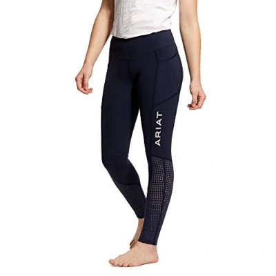 Image of ARIAT Youth Kids Junior EOS Knee Patch Tights Navy Unisex Wide waistband with zippered pocket in back Childrens Size XS