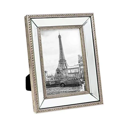 Image of Isaac Jacobs 5x7 Champagne Mirror Bead Picture Frame Classic Mirrored with Dotted Border Made for Wall Display, Tabletop, Photo Gallery and Art (5x7, Champagne)
