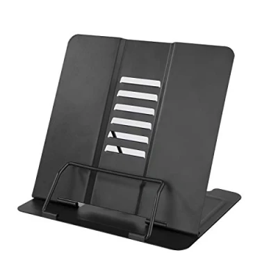 Image of Book Stand, Cookbook Reading Rest Holder with 6 Adjustable Angles and Paper Page Clip, Sturdy Metal Display Racks for Recipe, Textbook, Document, Music Book, Foldable (Grey)