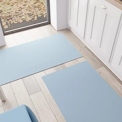 Image of PETTI Artigiani Italiani Kitchen Rug, Runner, Washable, Non Slip, Rug Solid Colour, 52 x 340 cm, Light Blue, 100% Made in Italy