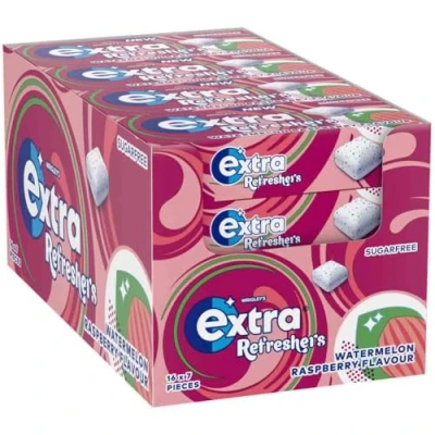 Image of Extra Refreshers Watermelon Raspberry Flavour Sugarfree Chewing Gum Handy Pack Box, 16 x 7 Pieces