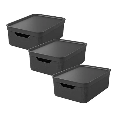 Image of Rotho Jive Dekobox Set of 3 storage box 10l with lid, Plastic (PP recycled), (37.5 x 27.8 13.5 cm), Black