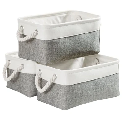 Image of Mangata Canvas Storage Box set of 3, Foldable Fabric Baskets with Handles for Cupboards, Wardrobe, Shelves, Clothes, Toys, Towel, Bathroom(Small, Grey White)